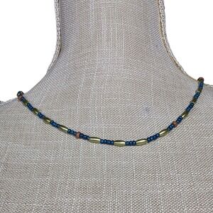 Beaded Necklace Boho Chic Gold Blue‎ Brown Accent Necklace Women